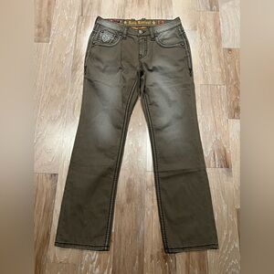 Rock Revival Chamois Slim Straight Leg Jeans Acid Wash Distressed Stitched 32